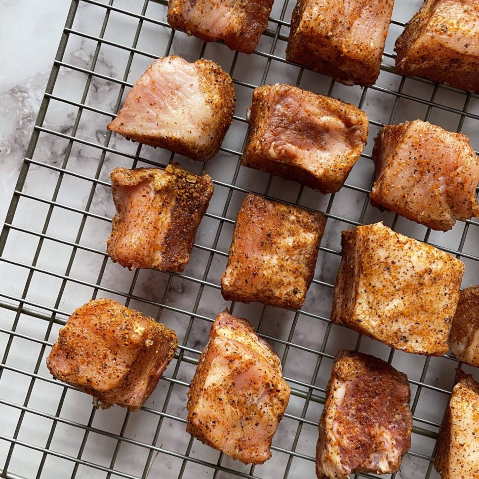 Smoke candied pork belly burnt ends on a wire rack to move them easily.