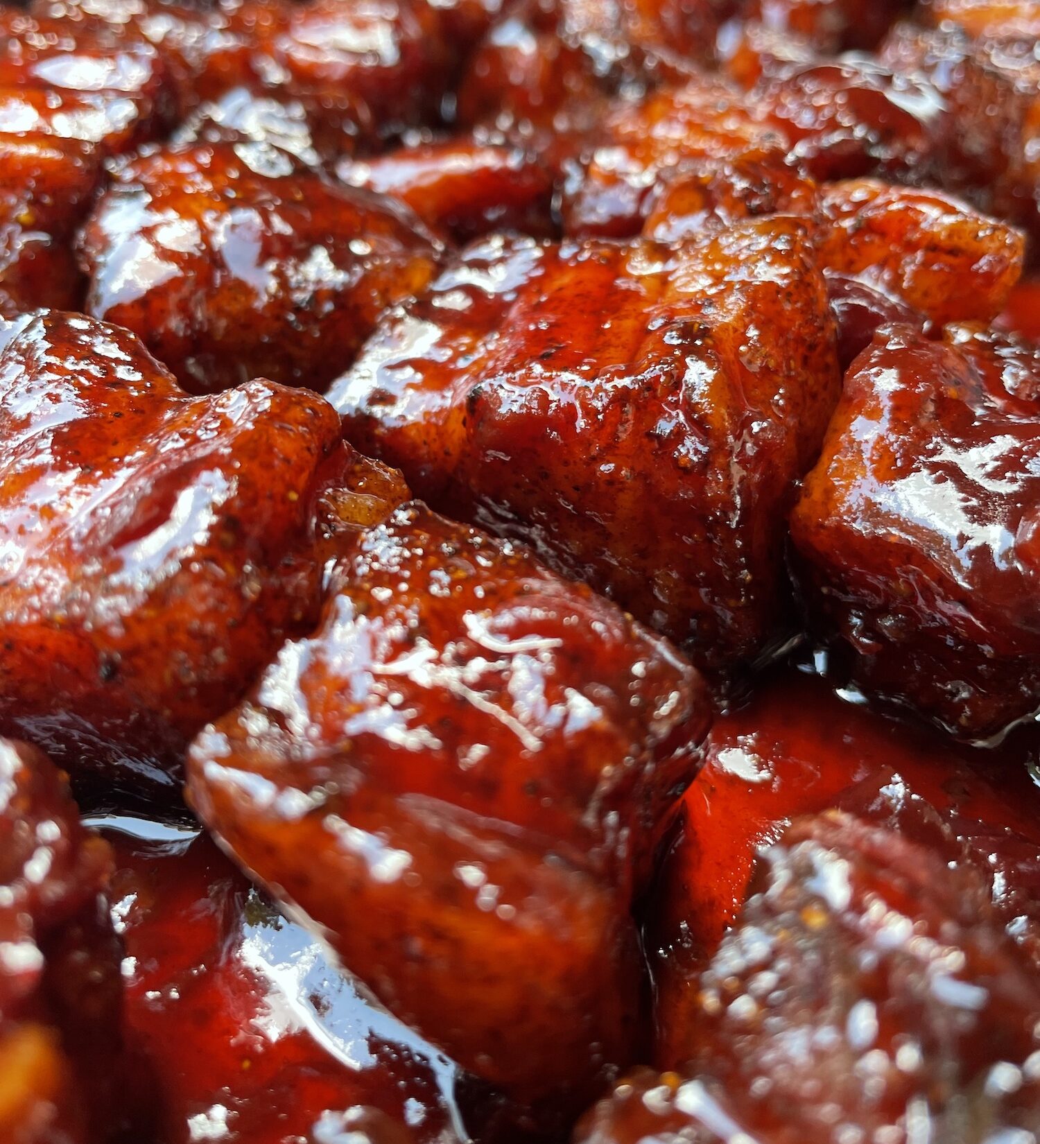 Smoked Candied Pork Belly Burnt Ends with Cherry Habanero Sauce