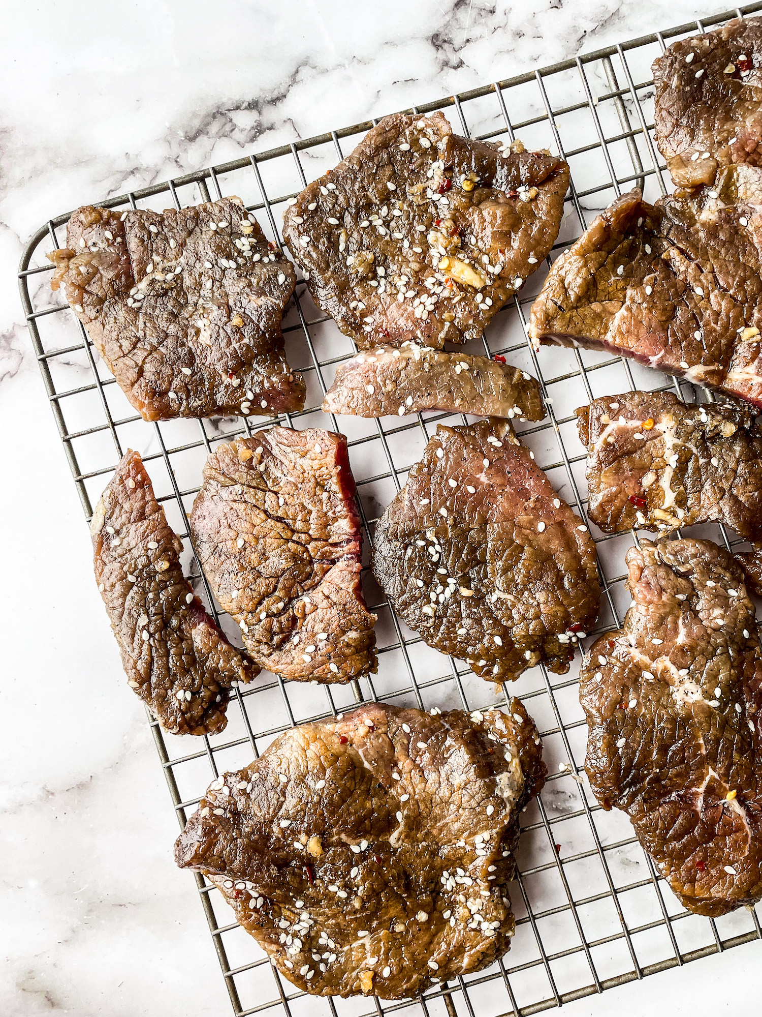 Marinating eye of round strips for beef jerky