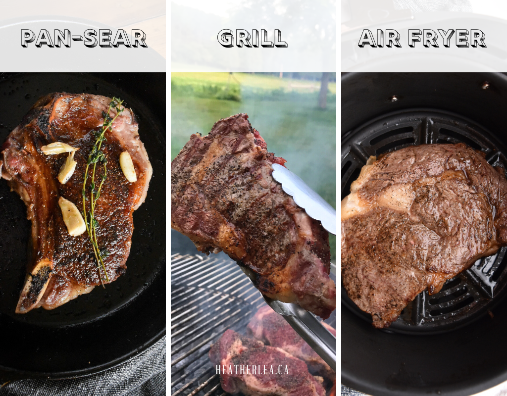 Comparison of steak grilled, seared and air fried